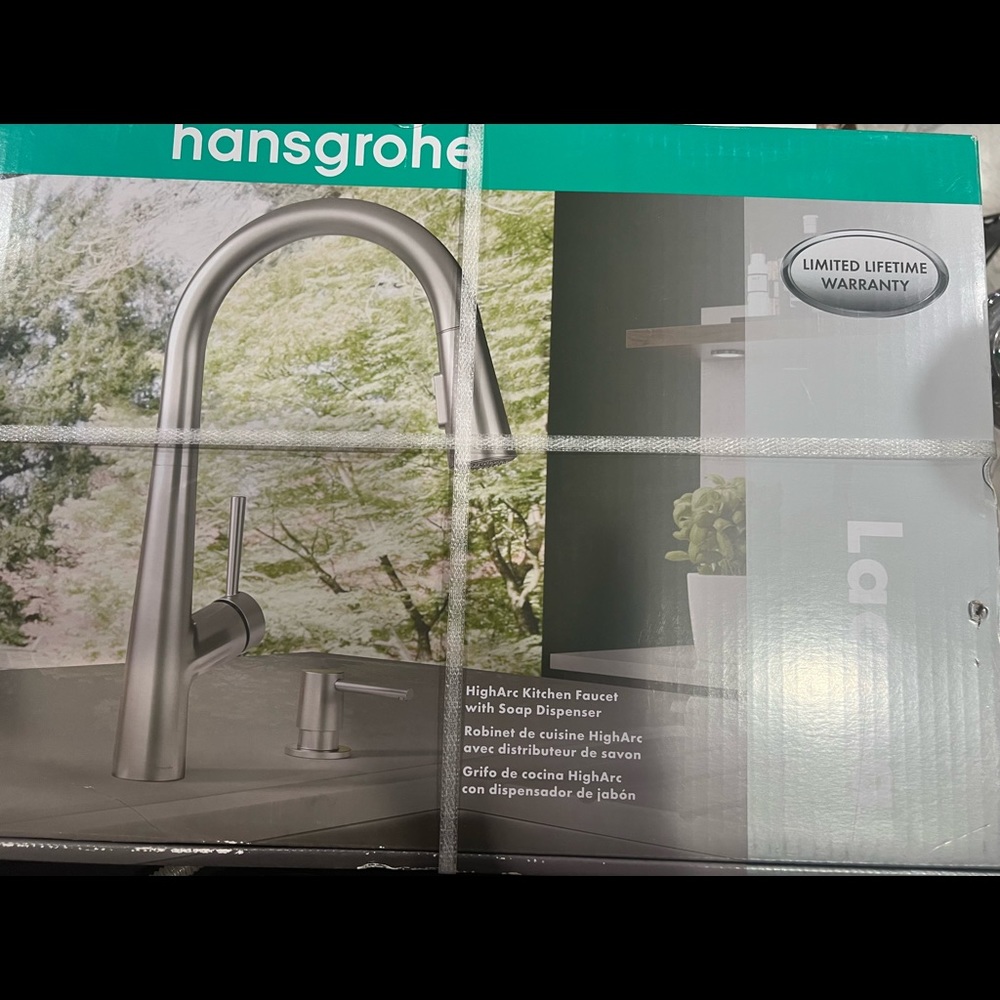 Brand new in box kitchen faucet with soap dispenser on side